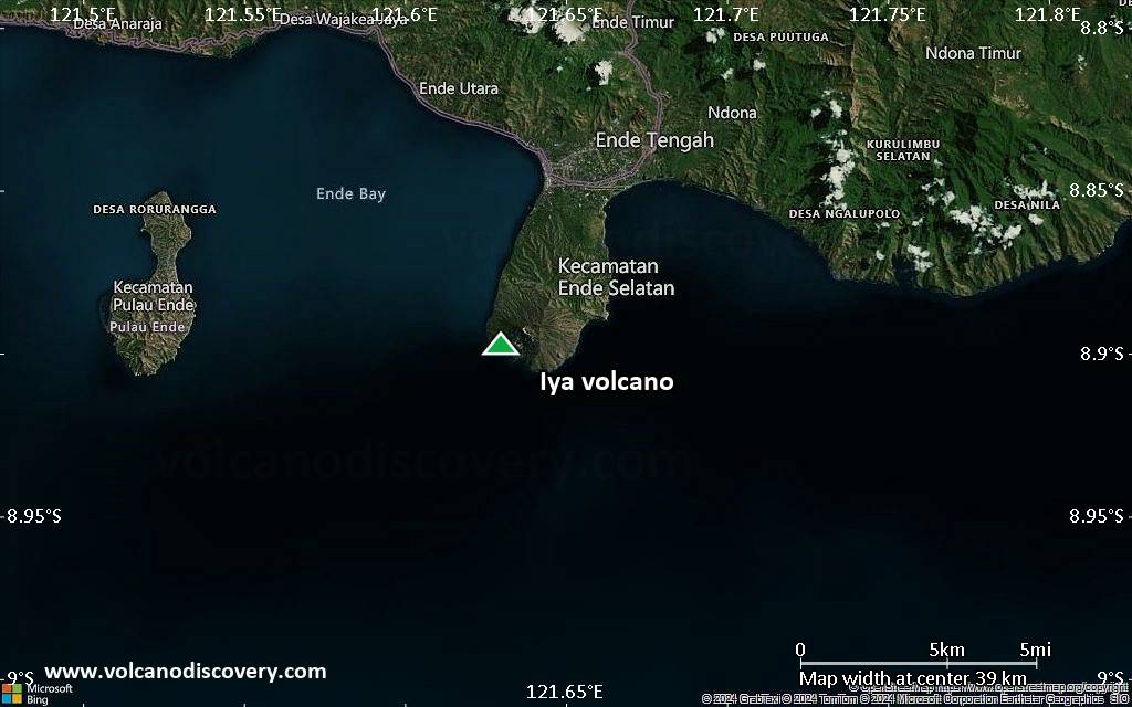 Satellite/aerial-type map of Iya volcano (scale of 20-40 km)
