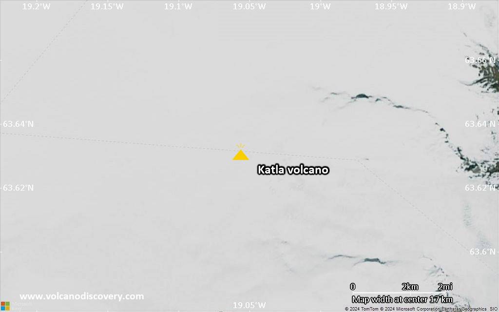 Satellite/aerial-type map of Katla volcano (scale of 20-40 km)