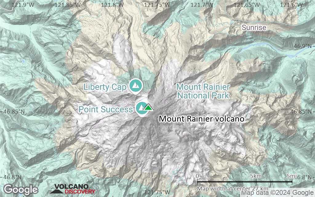 Terrain-type map of Mount Rainier volcano (scale of 20-40 km)