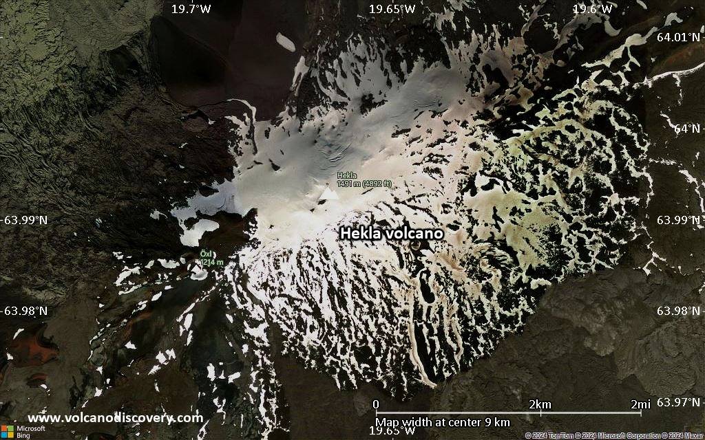 Satellite/aerial-type map of Hekla volcano (scale of approx. 10-20 km)
