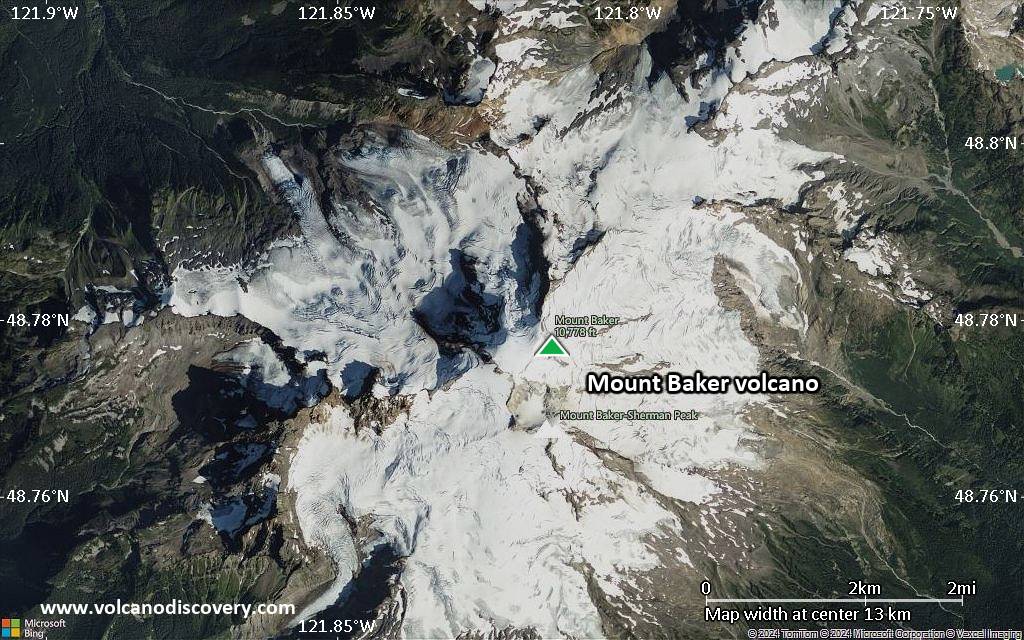 Satellite/aerial-type map of Mount Baker volcano (scale of approx. 10-20 km)