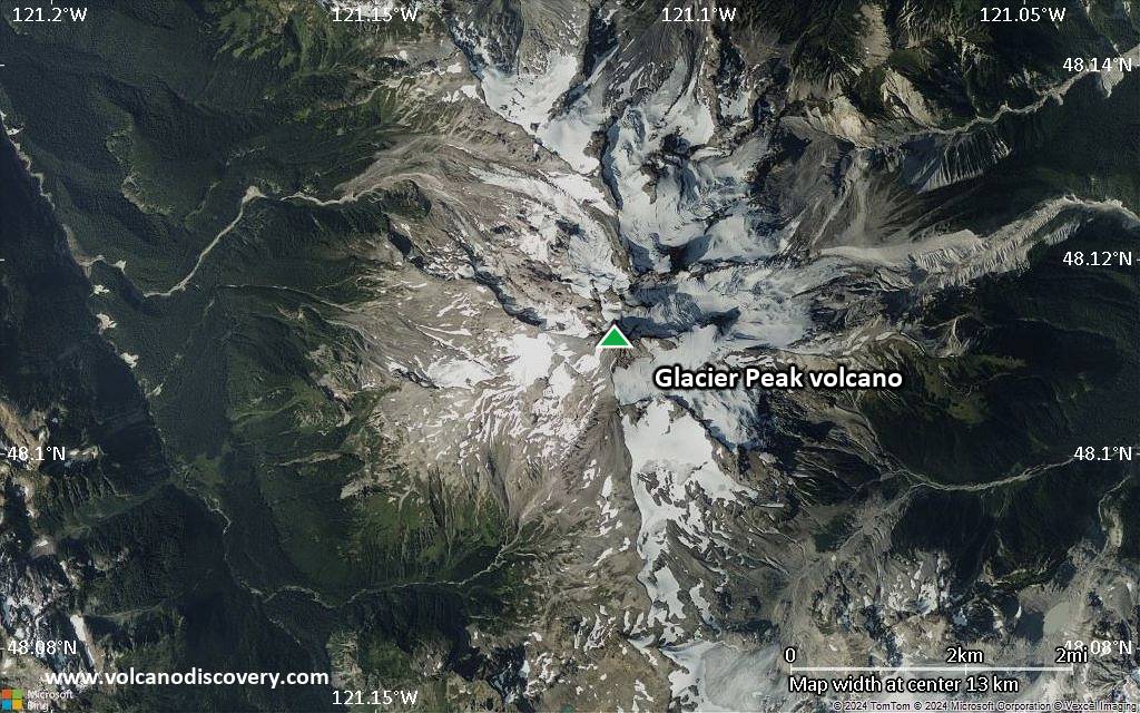 Satellite/aerial-type map of Glacier Peak volcano (scale of approx. 10-20 km)