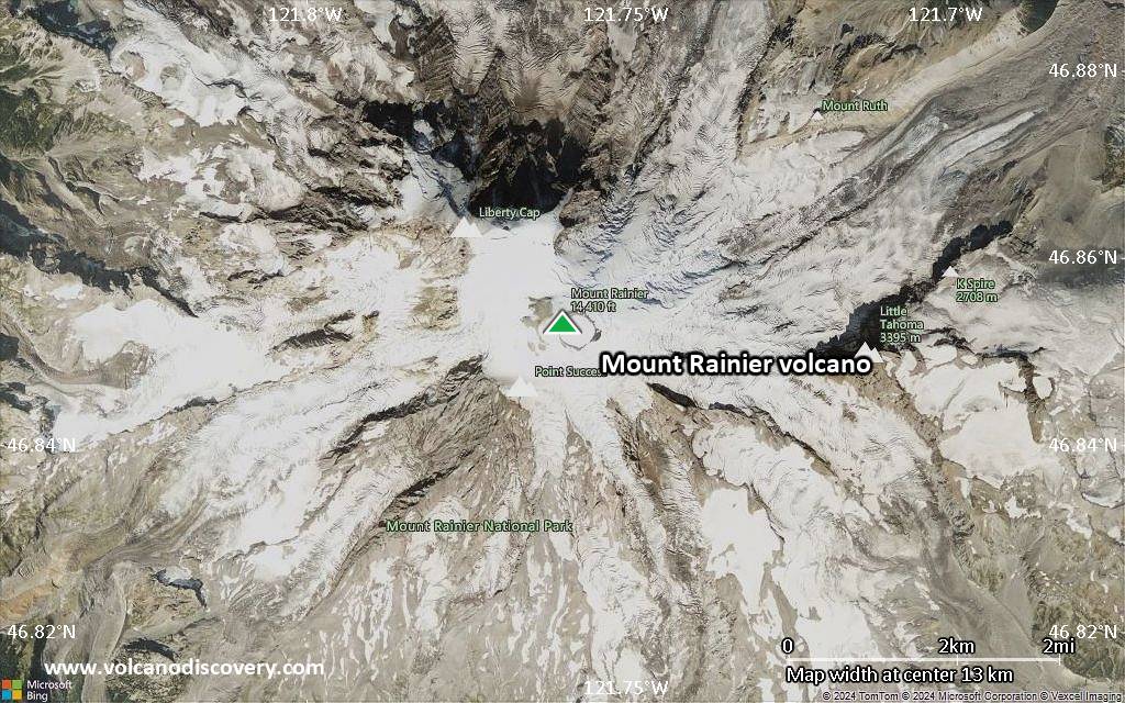 Satellite/aerial-type map of Mount Rainier volcano (scale of approx. 10-20 km)