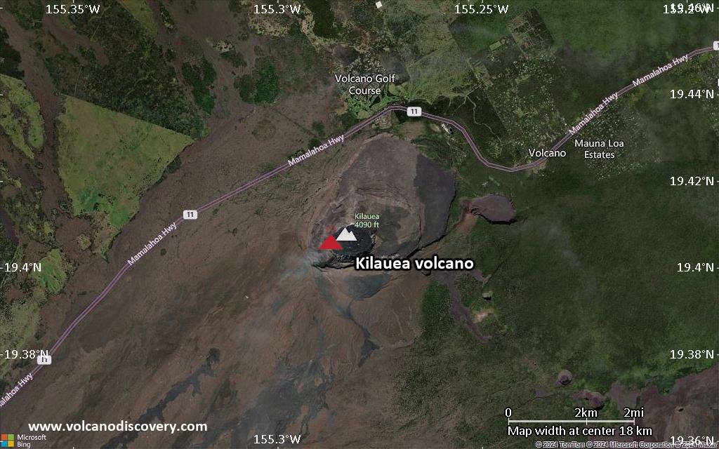 Satellite/aerial-type map of Kilauea volcano (scale of approx. 10-20 km)