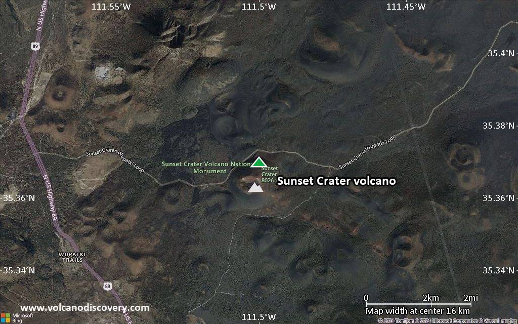 Satellite/aerial-type map of Sunset Crater volcano (scale of approx. 10-20 km)