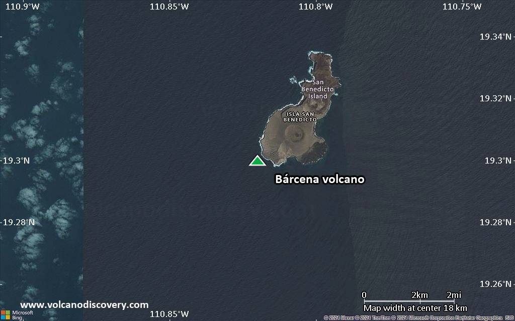 Satellite/aerial-type map of Bárcena volcano (scale of approx. 10-20 km)