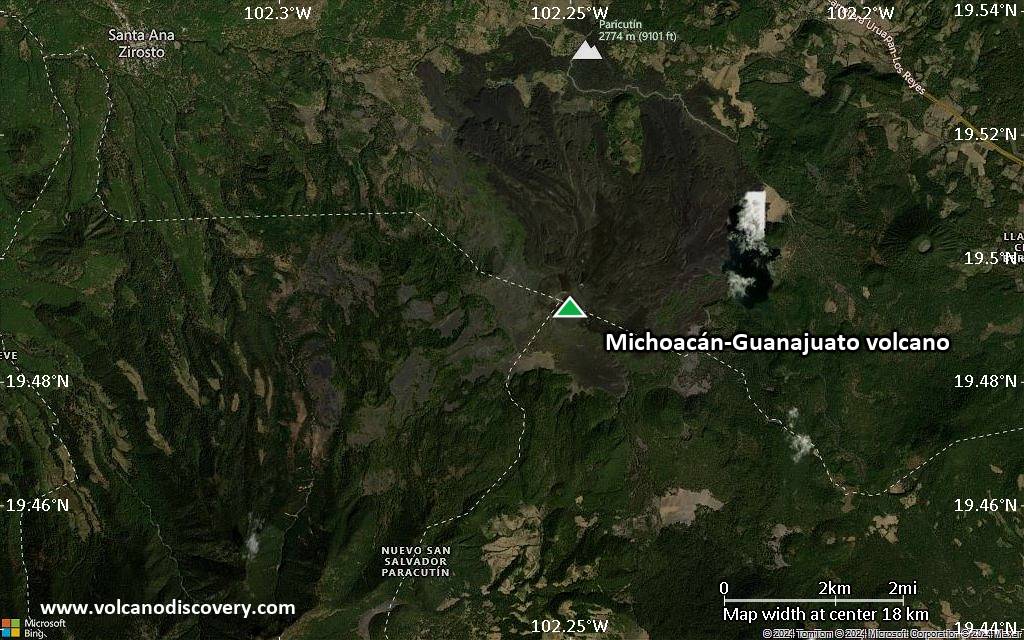 Satellite/aerial-type map of Michoacán-Guanajuato volcano (scale of approx. 10-20 km)