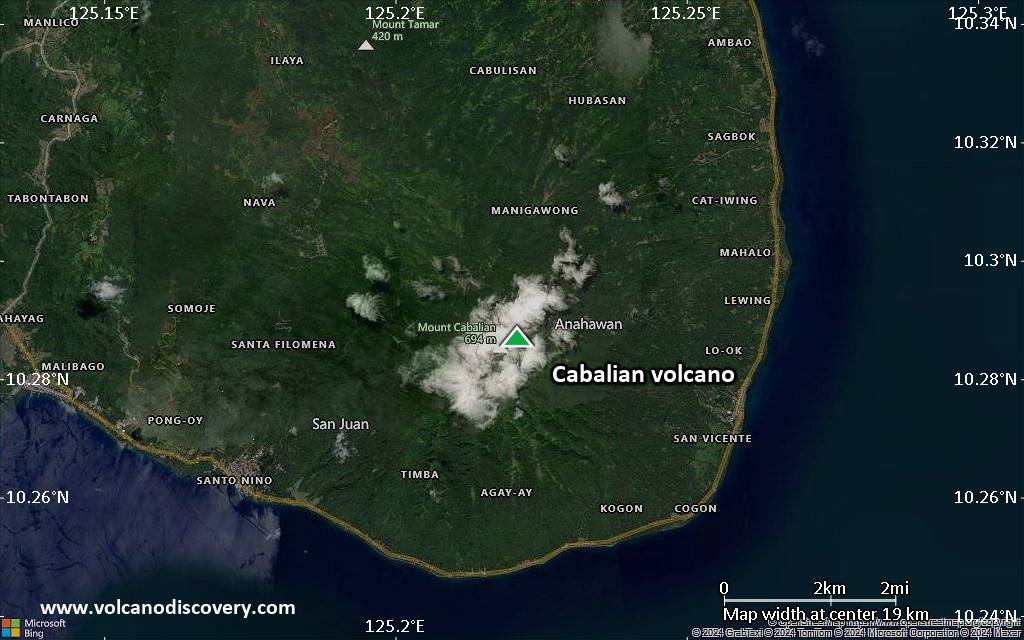 Satellite/aerial-type map of Cabalian volcano (scale of approx. 10-20 km)