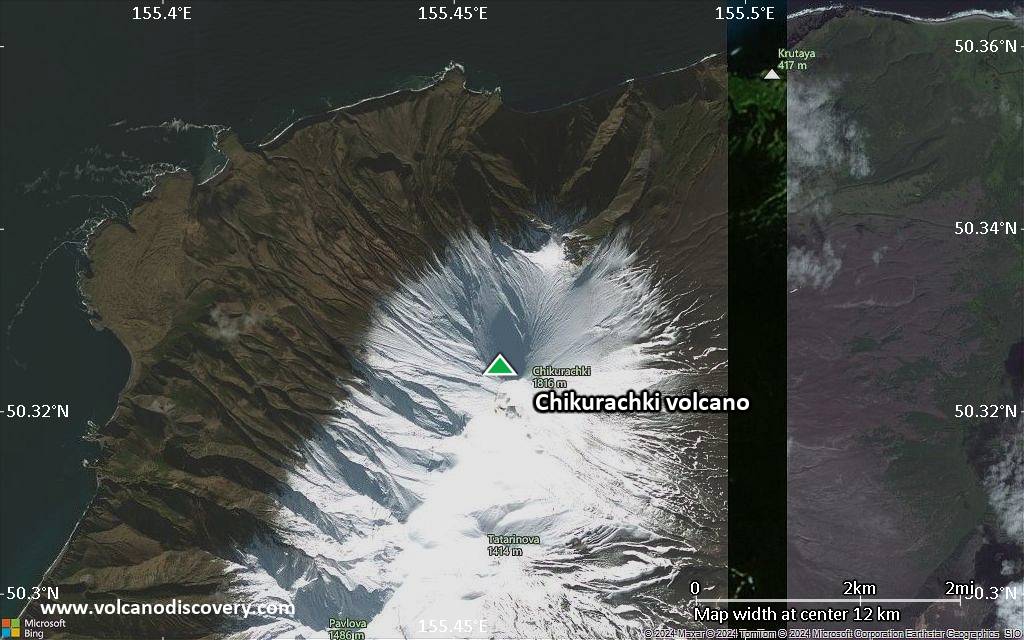 Satellite/aerial-type map of Chikurachki volcano (scale of approx. 10-20 km)