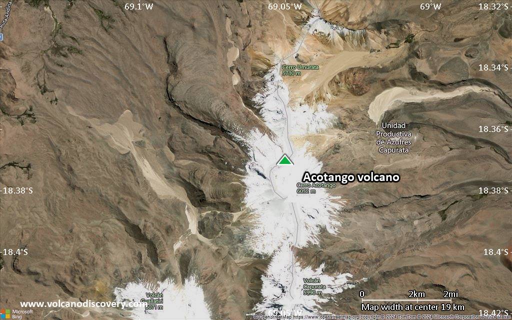 Satellite/aerial-type map of Acotango volcano (scale of approx. 10-20 km)