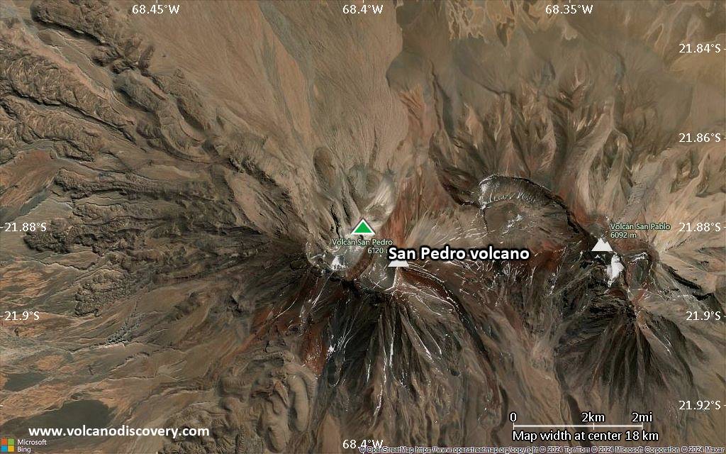 Satellite/aerial-type map of San Pedro volcano (scale of approx. 10-20 km)