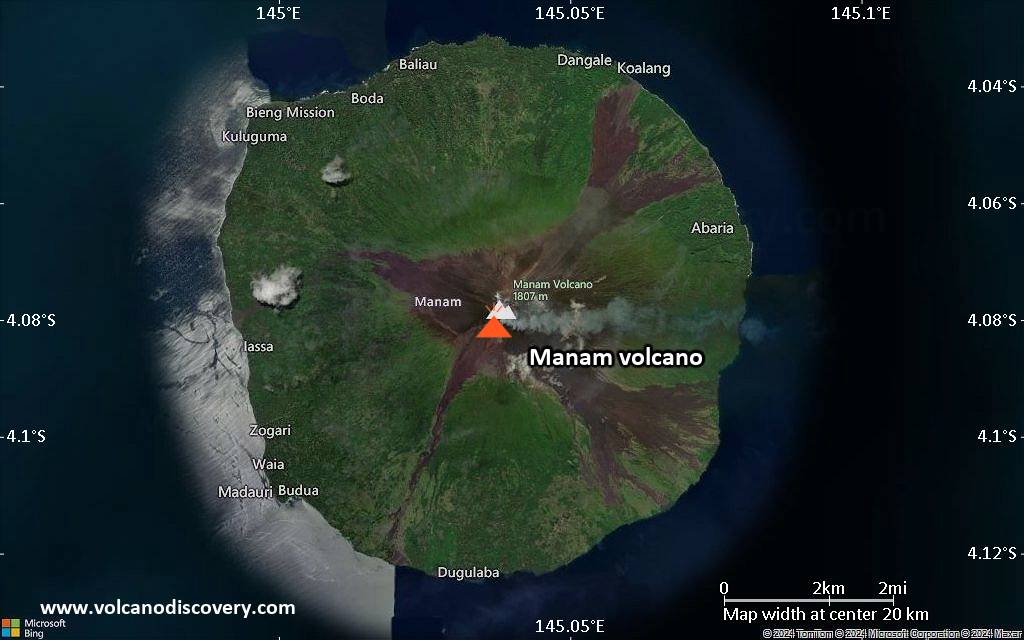 Satellite/aerial-type map of Manam volcano (scale of approx. 10-20 km)