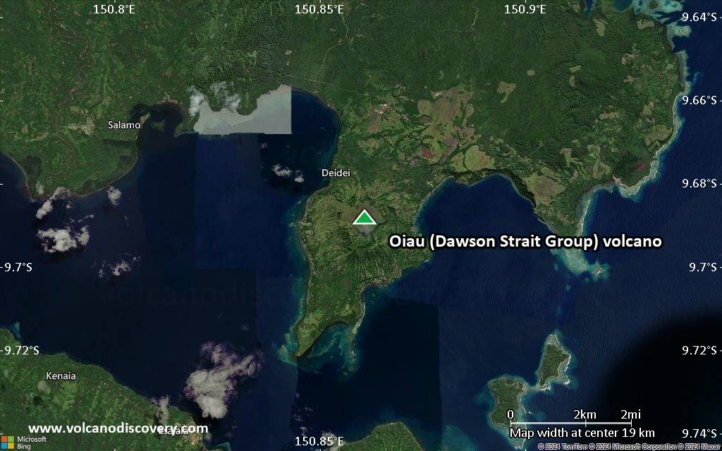 Satellite/aerial-type map of Oiau (Dawson Strait Group) volcano (scale of approx. 10-20 km)