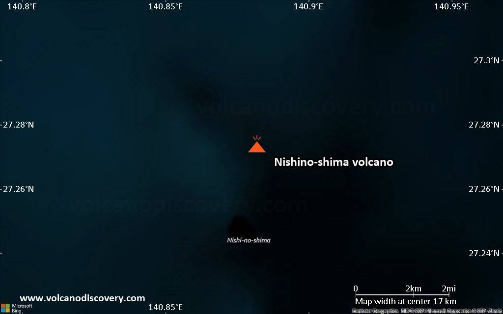 Satellite/aerial-type map of Nishino-shima volcano (scale of approx. 10-20 km)