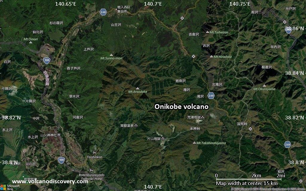 Satellite/aerial-type map of Onikobe volcano (scale of approx. 10-20 km)