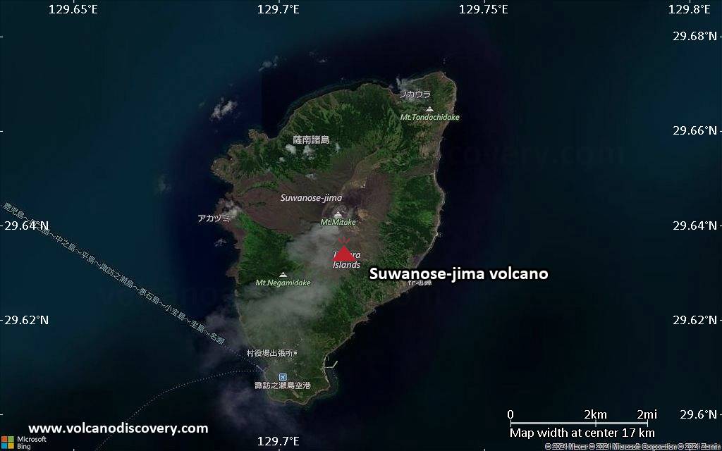 Satellite/aerial-type map of Suwanose-jima volcano (scale of approx. 10-20 km)