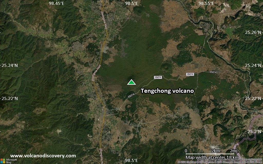 Satellite/aerial-type map of Tengchong volcano (scale of approx. 10-20 km)