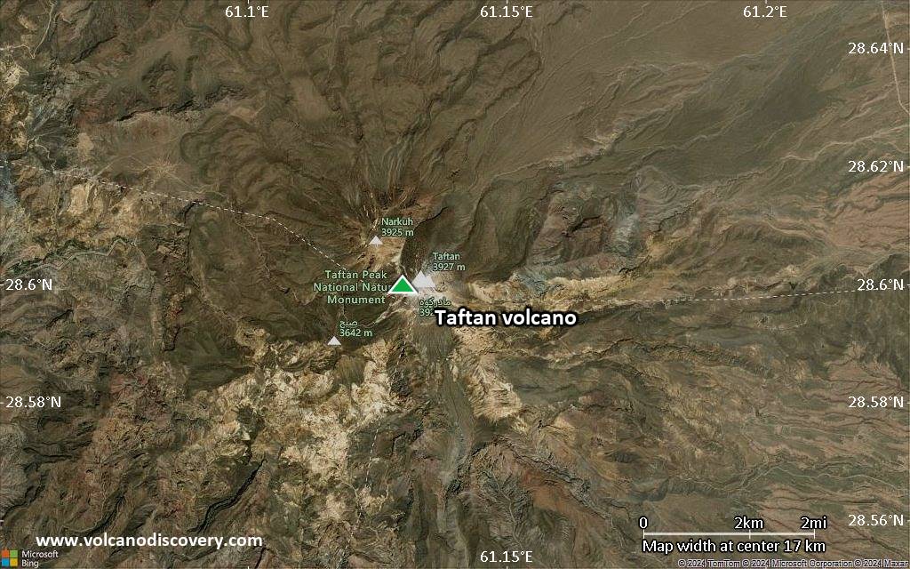 Satellite/aerial-type map of Taftan volcano (scale of approx. 10-20 km)