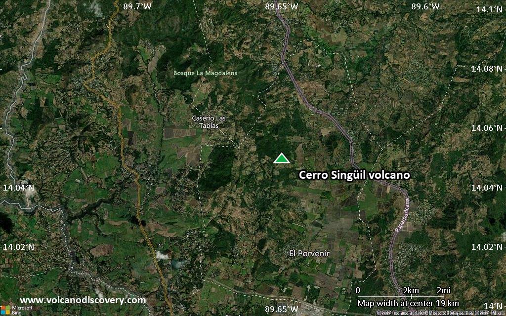 Satellite/aerial-type map of Cerro Singüil volcano (scale of approx. 10-20 km)