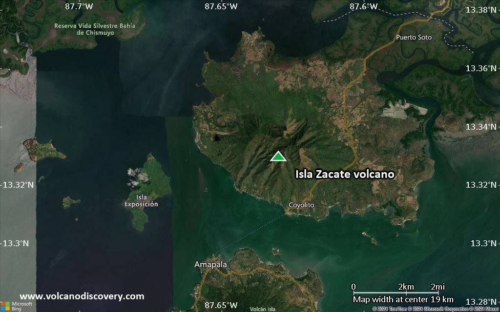 Satellite/aerial-type map of Isla Zacate volcano (scale of approx. 10-20 km)