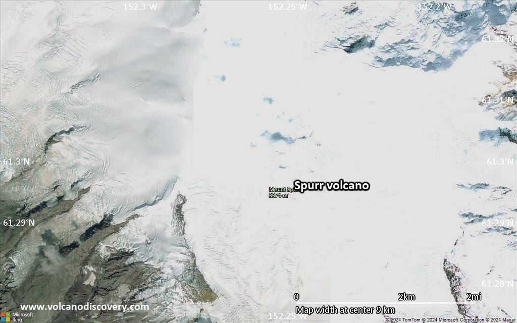 Satellite/aerial-type map of Spurr volcano (scale of approx. 10-20 km)