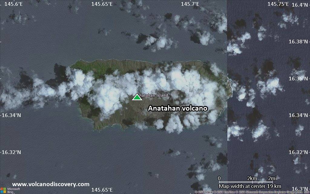 Satellite/aerial-type map of Anatahan volcano (scale of approx. 10-20 km)