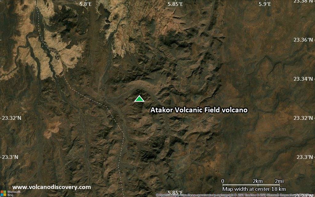Satellite/aerial-type map of Atakor Volcanic Field volcano (scale of approx. 10-20 km)