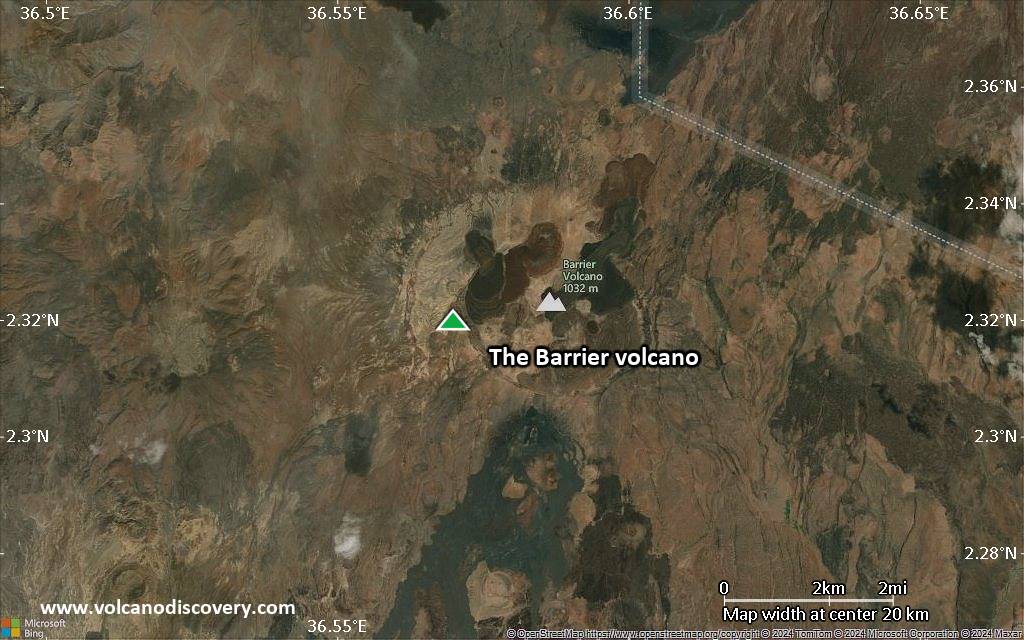 Satellite/aerial-type map of The Barrier volcano (scale of approx. 10-20 km)