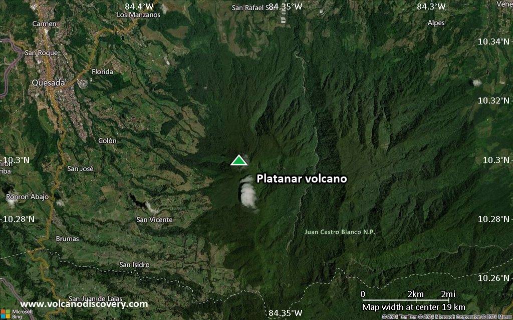 Satellite/aerial-type map of Platanar volcano (scale of approx. 10-20 km)