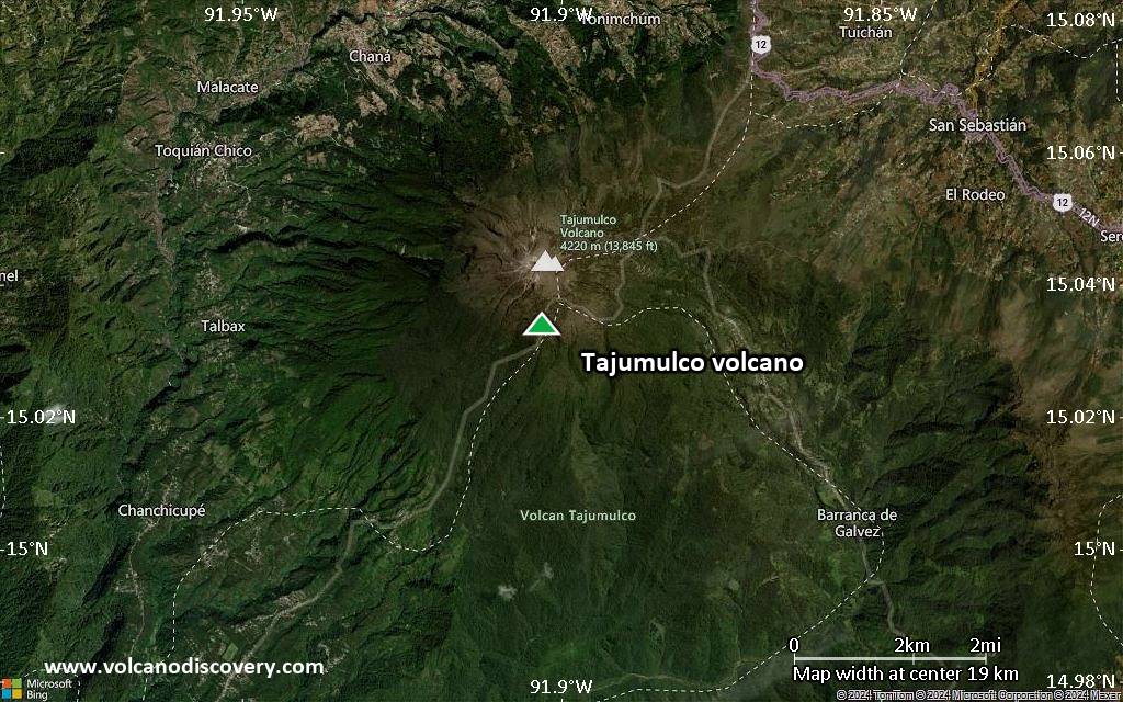 Satellite/aerial-type map of Tajumulco volcano (scale of approx. 10-20 km)