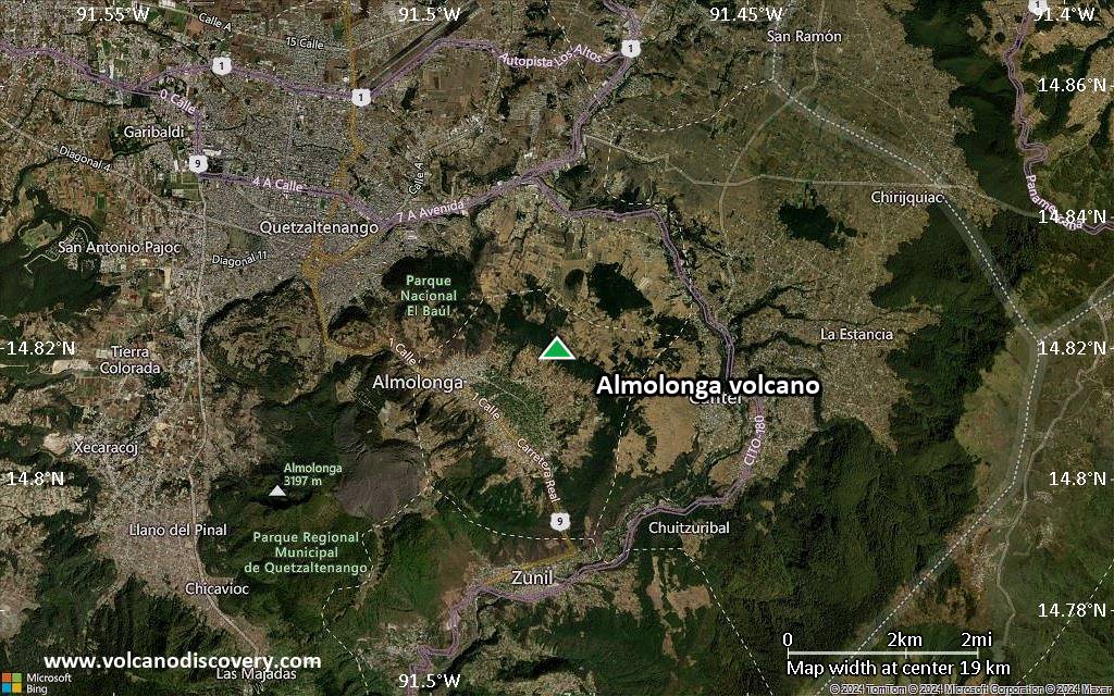 Satellite/aerial-type map of Almolonga volcano (scale of approx. 10-20 km)