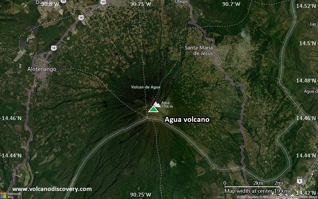 Satellite/aerial-type map of Agua volcano (scale of approx. 10-20 km)