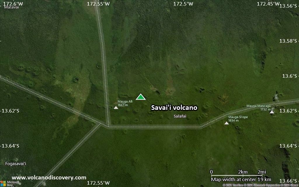 Satellite/aerial-type map of Savai'i volcano (scale of approx. 10-20 km)