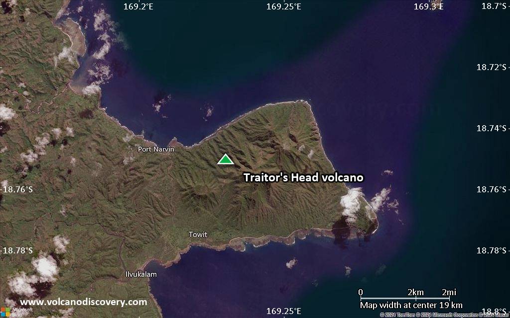 Satellite/aerial-type map of Traitor's Head volcano (scale of approx. 10-20 km)
