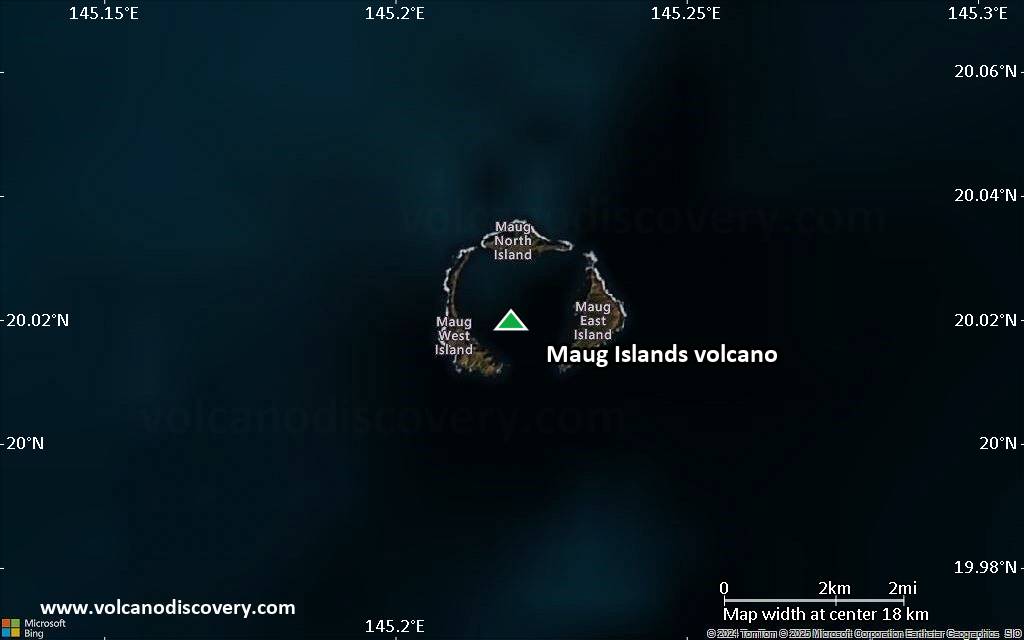 Satellite/aerial-type map of Maug Islands volcano (scale of approx. 10-20 km)