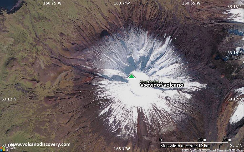 Satellite/aerial-type map of Vsevidof volcano (scale of approx. 10-20 km)