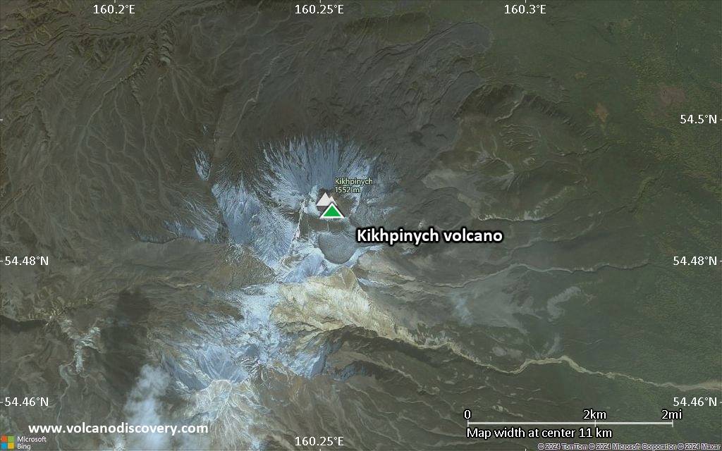 Satellite/aerial-type map of Kikhpinych volcano (scale of approx. 10-20 km)