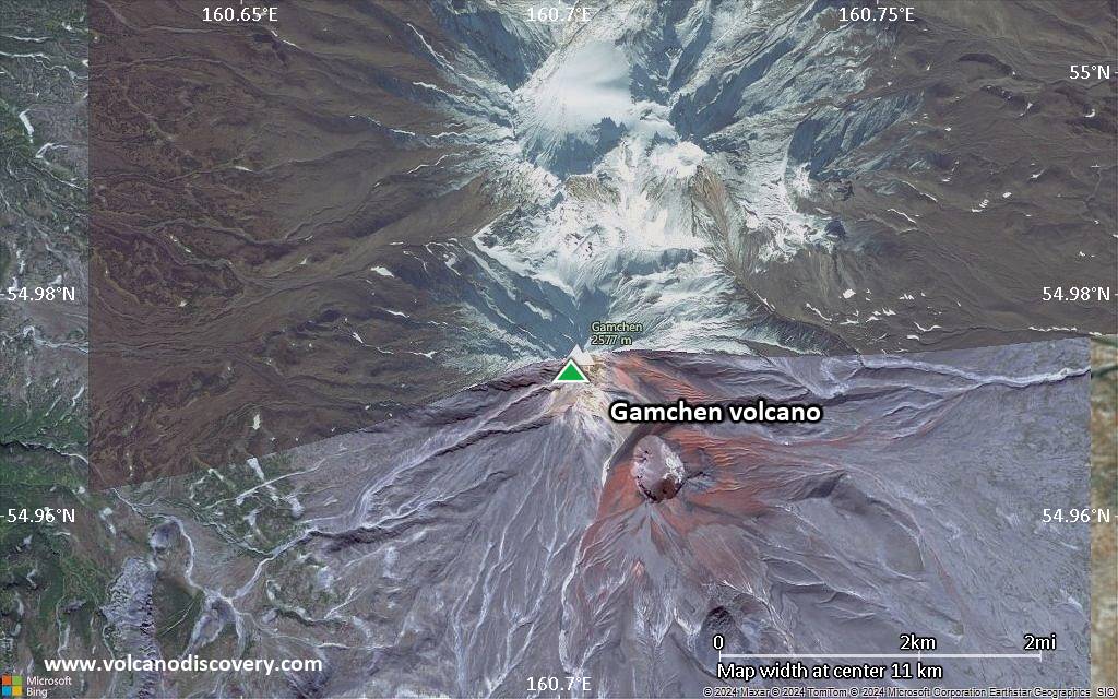 Satellite/aerial-type map of Gamchen volcano (scale of approx. 10-20 km)