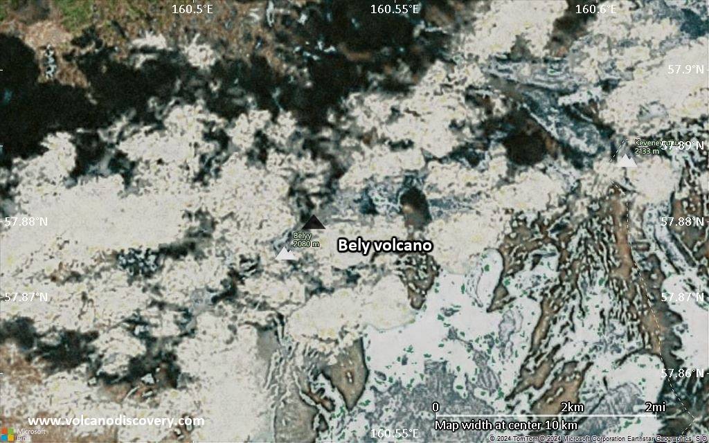 Satellite/aerial-type map of Bely volcano (scale of approx. 10-20 km)