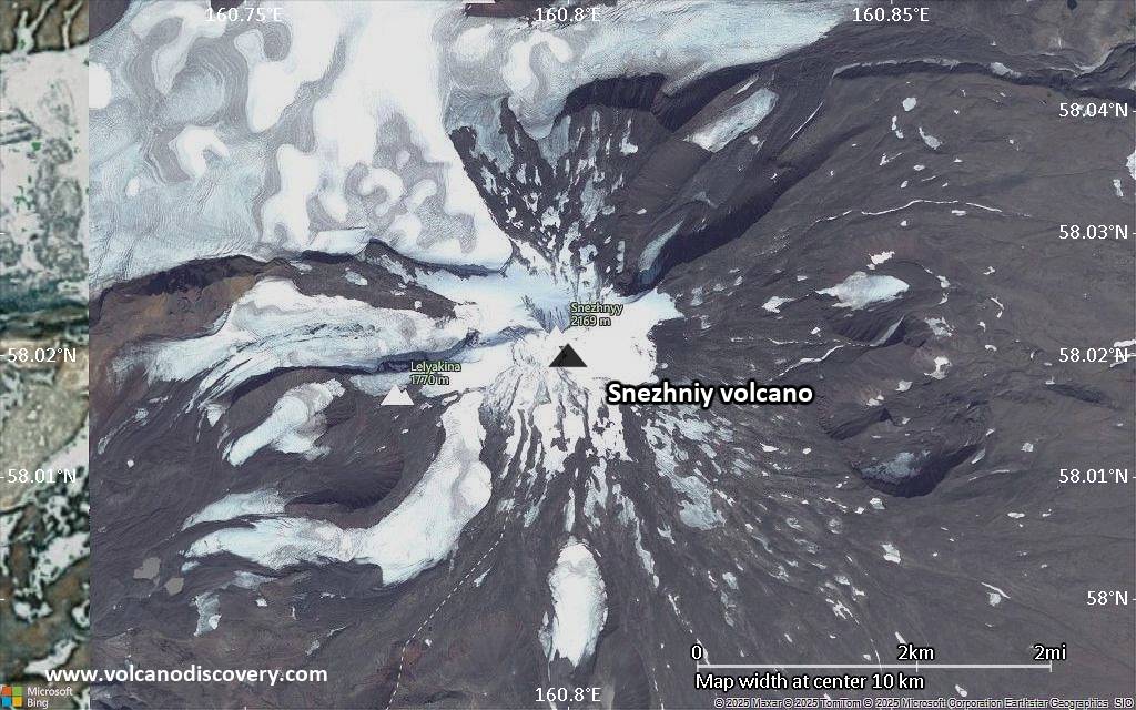 Satellite/aerial-type map of Snezhniy volcano (scale of approx. 10-20 km)
