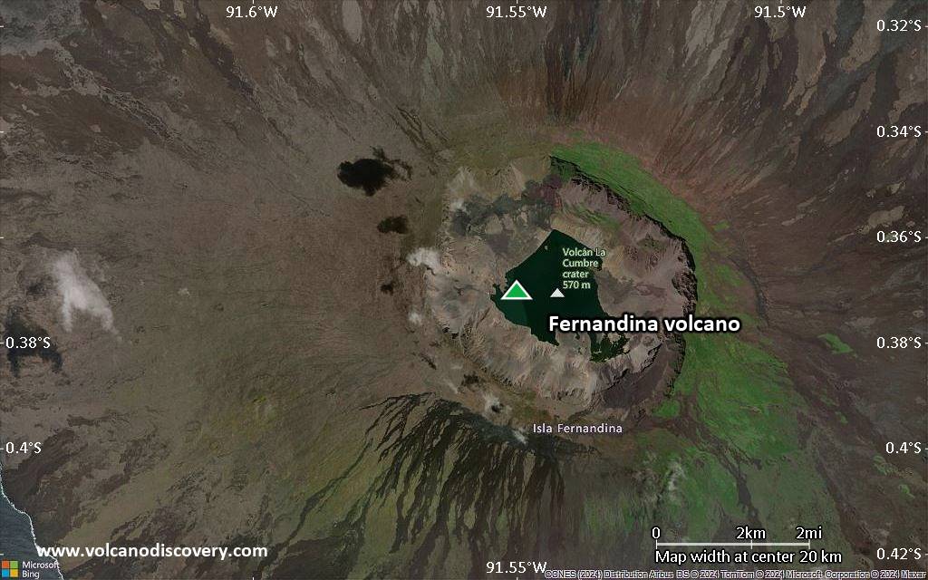 Satellite/aerial-type map of Fernandina volcano (scale of approx. 10-20 km)