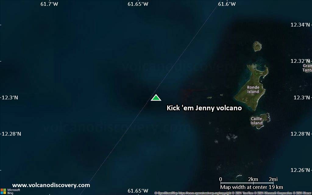 Satellite/aerial-type map of Kick 'em Jenny volcano (scale of approx. 10-20 km)