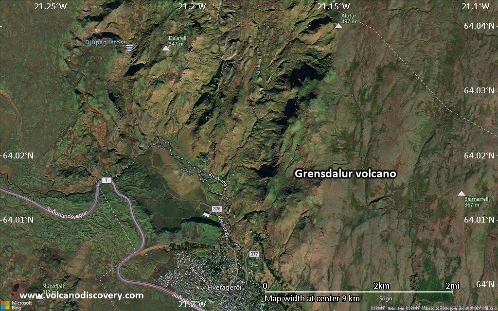 Satellite/aerial-type map of Grensdalur volcano (scale of approx. 10-20 km)
