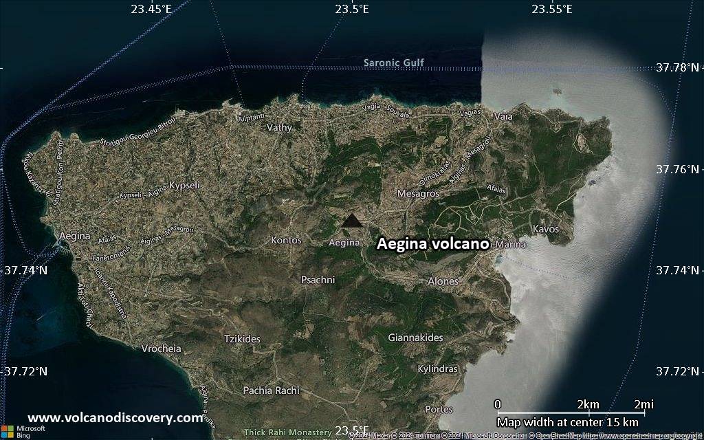 Satellite/aerial-type map of Aegina volcano (scale of approx. 10-20 km)