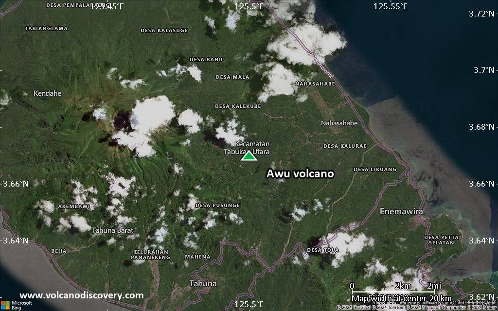 Satellite/aerial-type map of Awu volcano (scale of approx. 10-20 km)