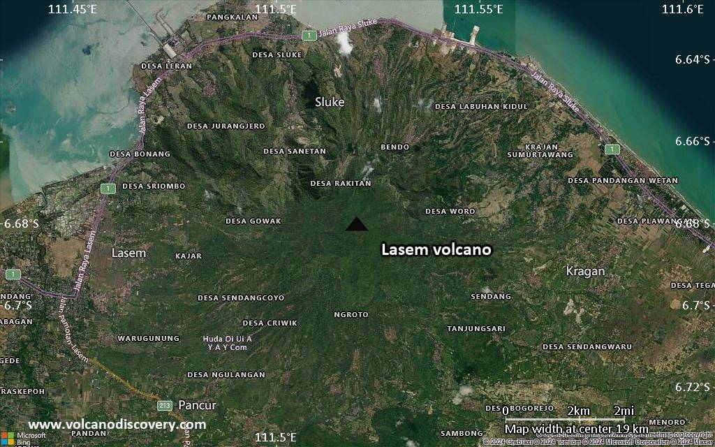 Satellite/aerial-type map of Lasem volcano (scale of approx. 10-20 km)
