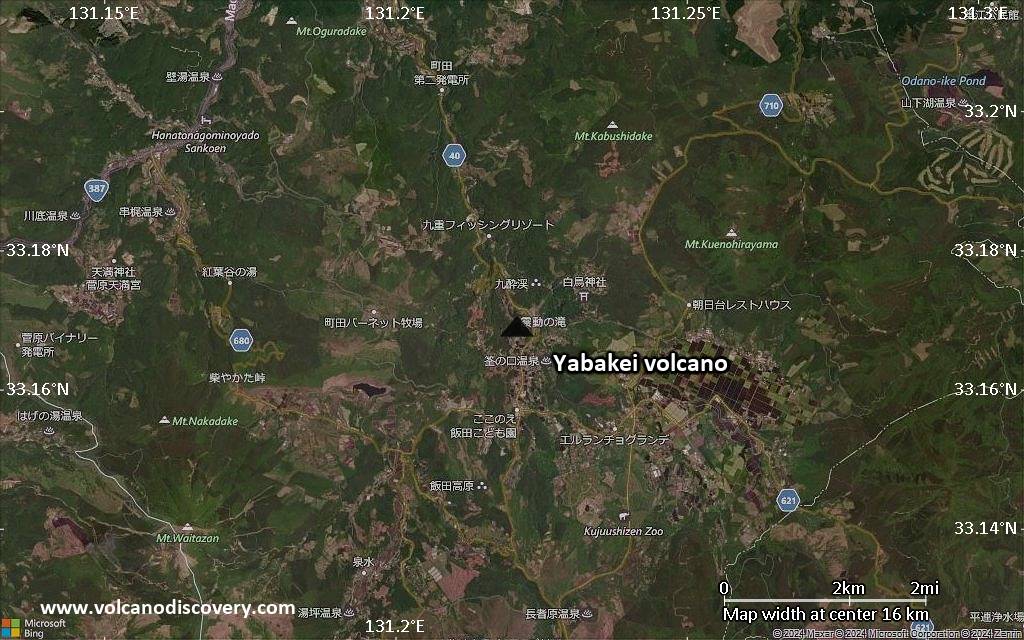 Satellite/aerial-type map of Yabakei volcano (scale of approx. 10-20 km)