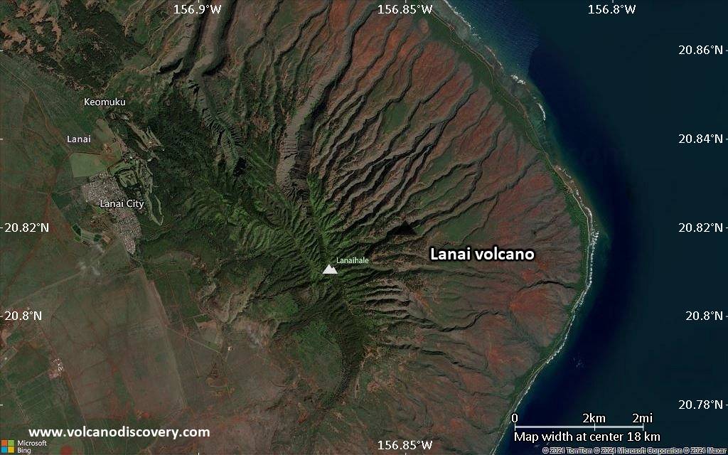 Satellite/aerial-type map of Lanai volcano (scale of approx. 10-20 km)
