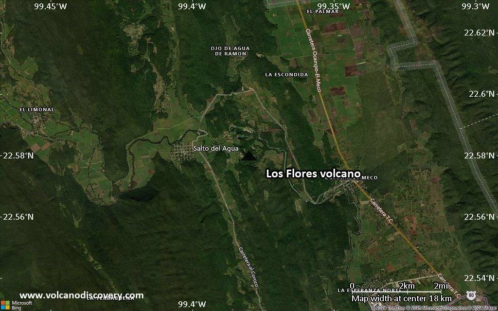 Satellite/aerial-type map of Los Flores volcano (scale of approx. 10-20 km)