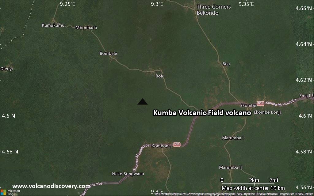 Satellite/aerial-type map of Kumba Volcanic Field volcano (scale of approx. 10-20 km)